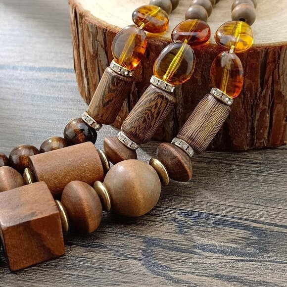 Layer Chunky Wood Beaded Necklace Exaggerated Statement Bead Collar Necklace Bib - Picture 5 of 8